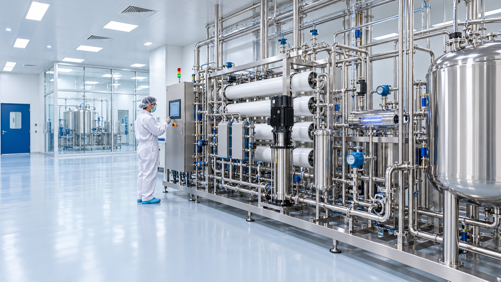 Pharmaceutical high purity water treatment system with sanitary stainless-steel piping, RO, EDI and UV equipment
