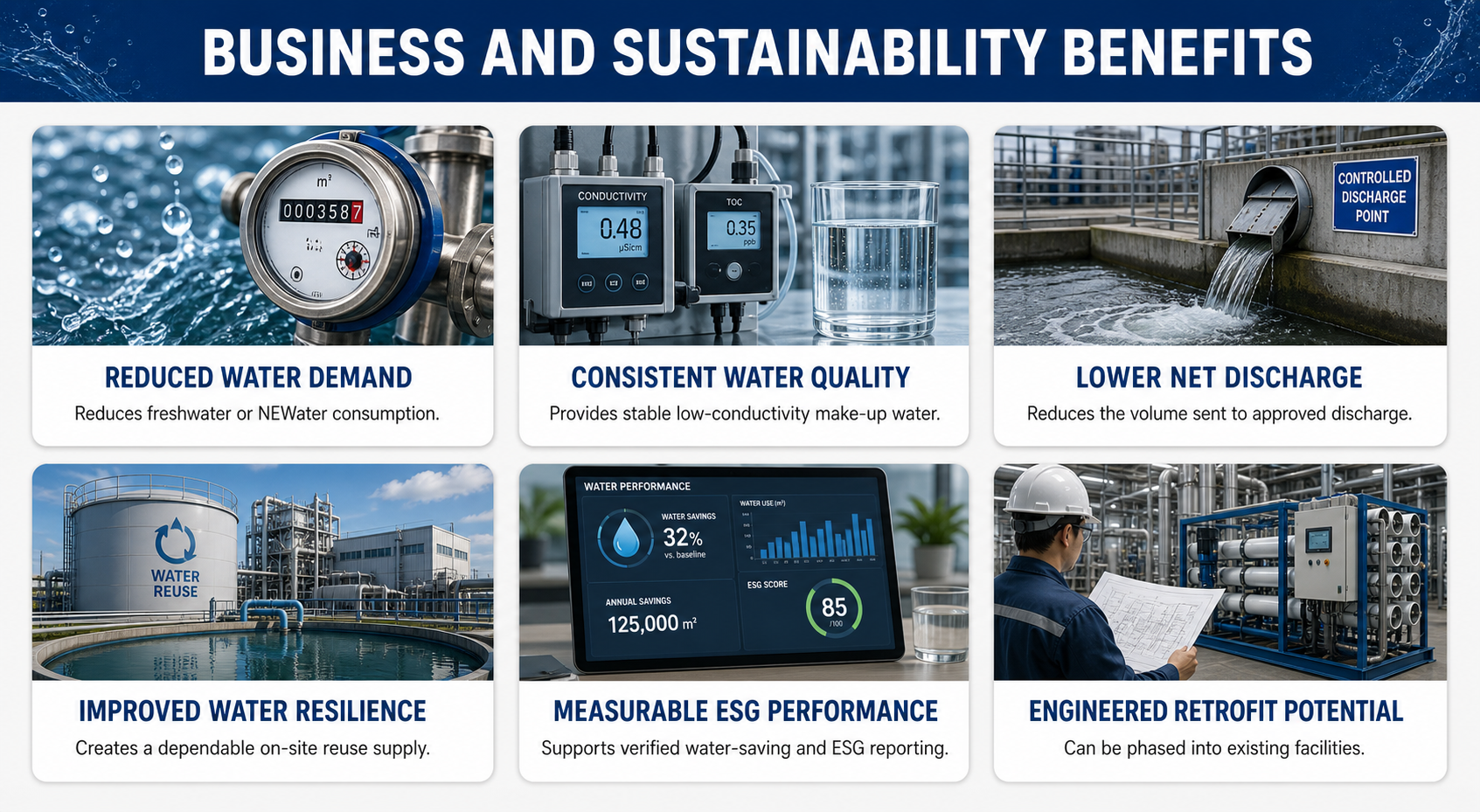 Six business and sustainability benefit cards showing reduced water demand, consistent water quality, lower discharge, improved water resilience, measurable ESG performance and retrofit potential