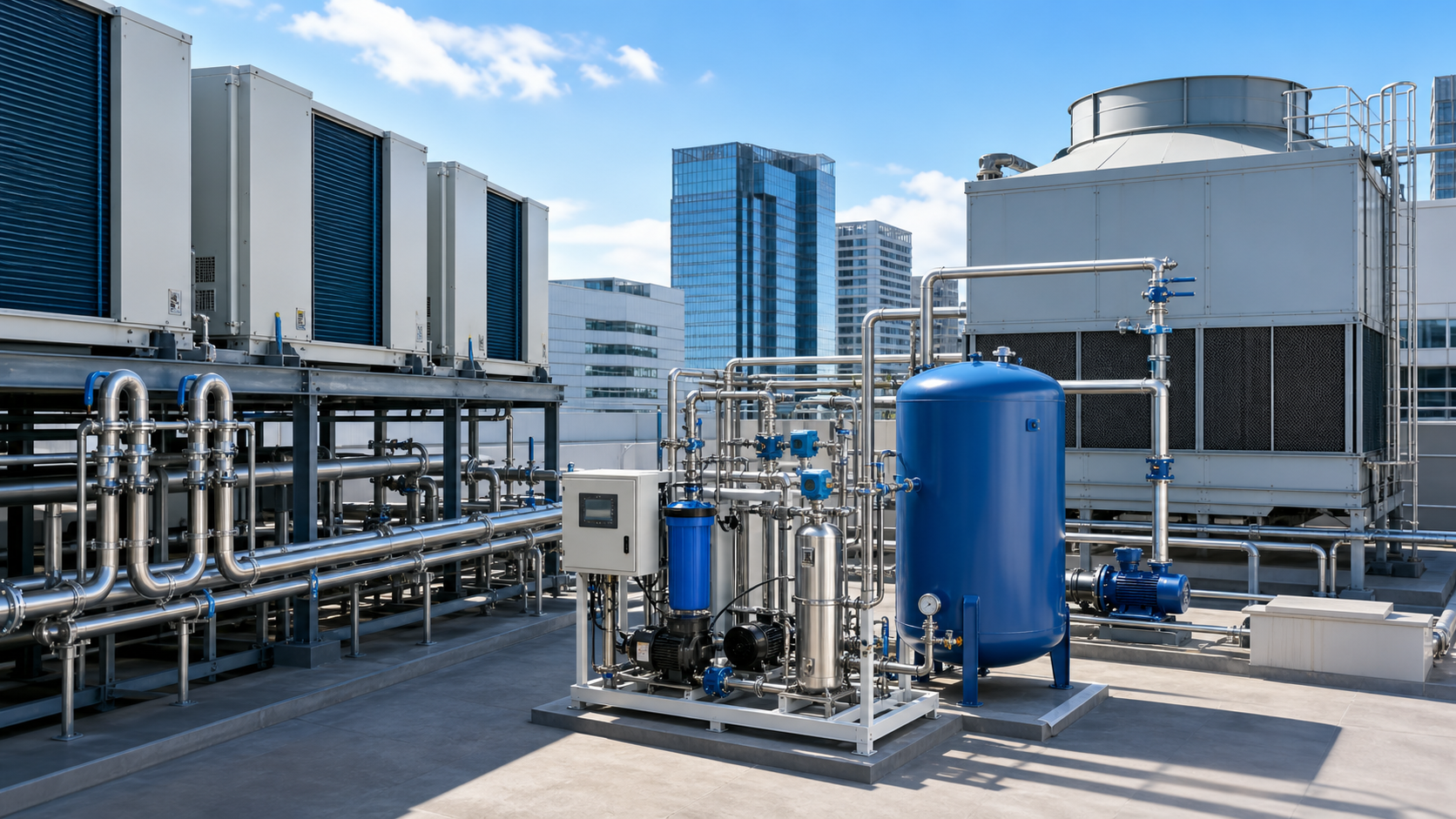 Cooling tower condensate recycling system with collection piping, treatment skid, buffer tank and cooling tower make-up connection