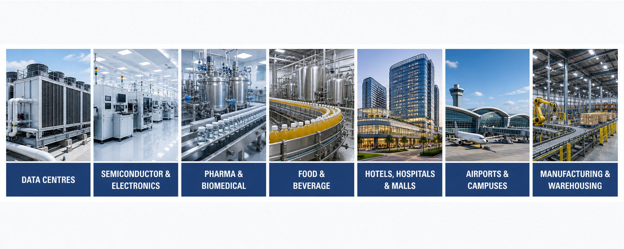 Industry reference images for data centres, semiconductor and electronics, pharmaceutical and biomedical, food and beverage, commercial buildings, airports and campuses, manufacturing and warehousing