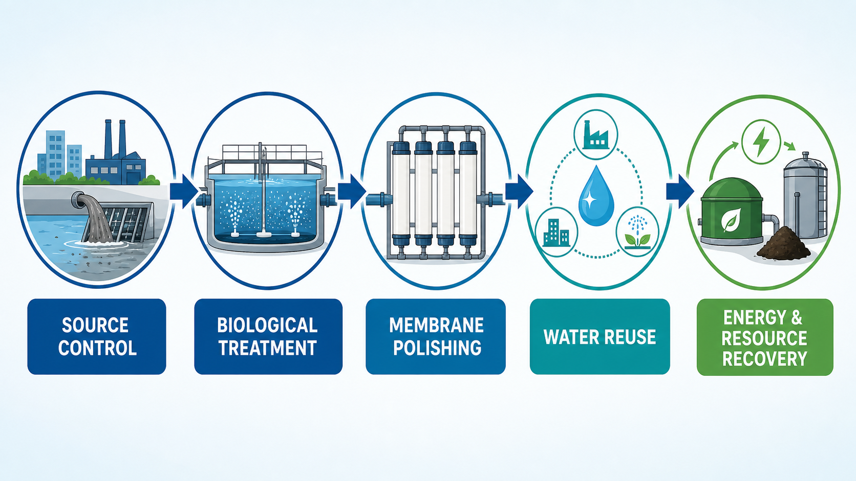 Five-step water treatment and circular resource recovery process: source control, biological treatment, membrane polishing, water reuse, and energy and resource recovery