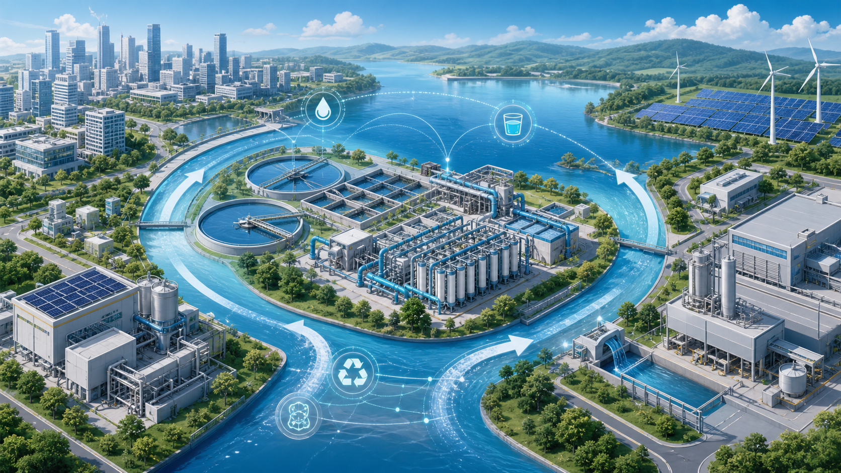 Integrated modern water and wastewater treatment facility supporting cities, industry, renewable energy and water reuse